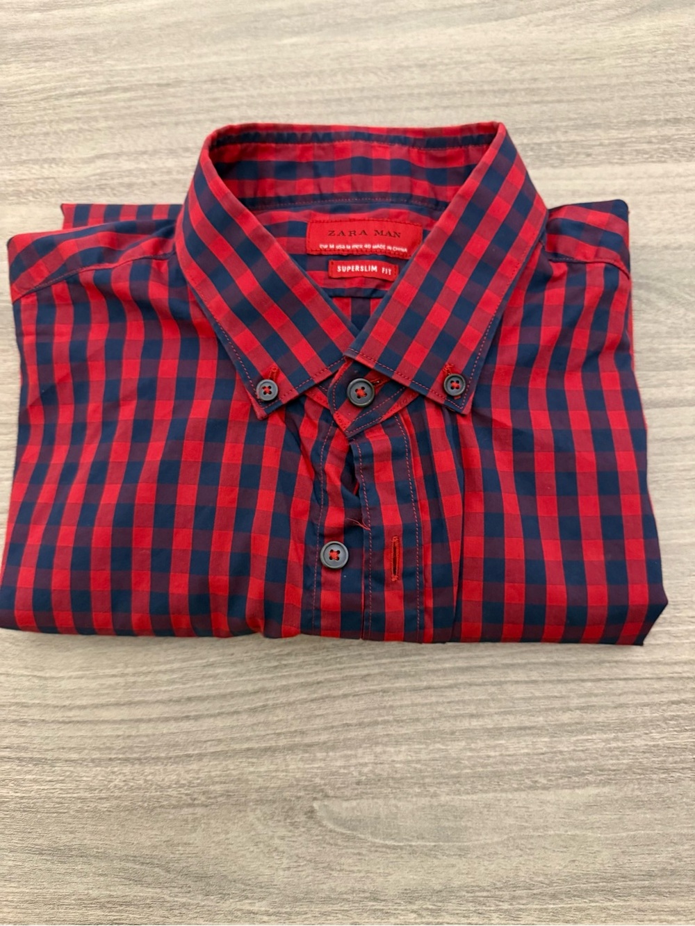 Zara Navy and Red Checked Button-Down Shirt